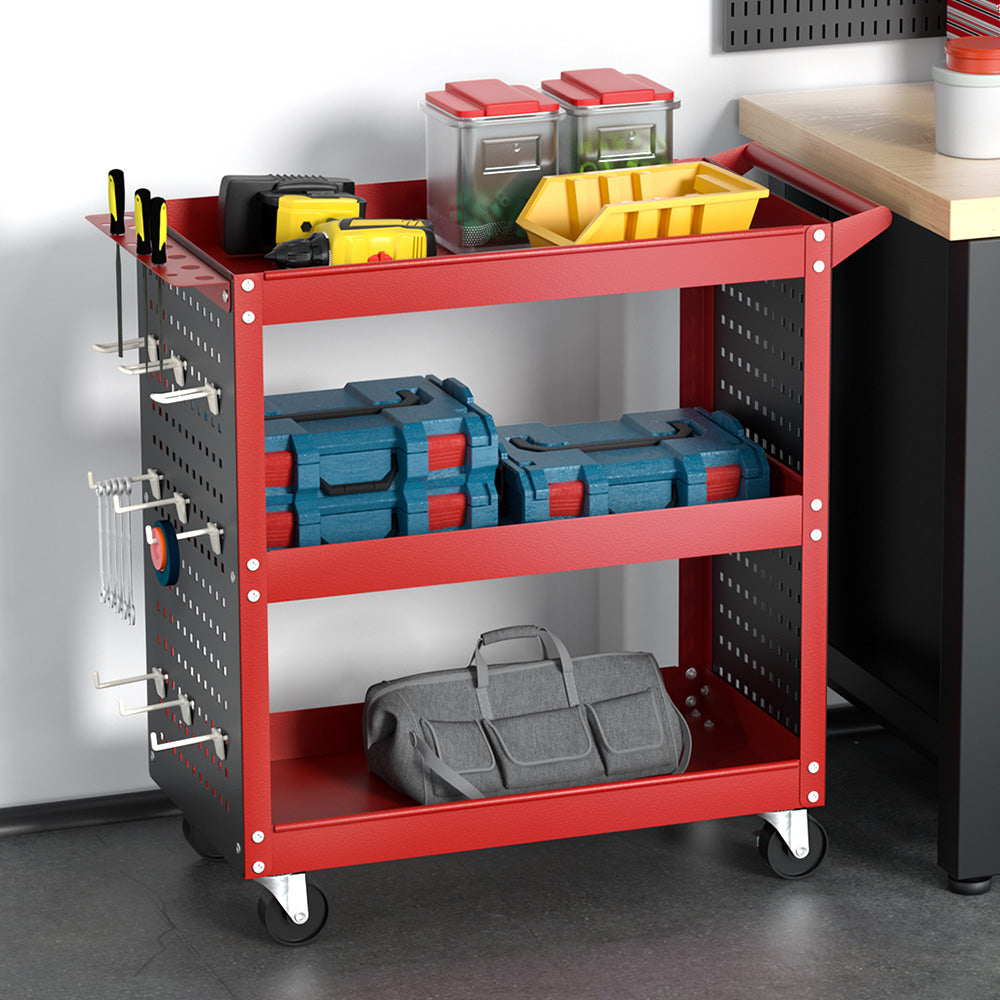 Giantz 3-Tier Tool Cart Storage Trolley Workshop Garage Pegboard Hooks Red-6