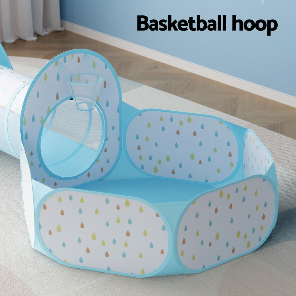 Keezi Kids Play Tent Pop Up Playhouse Ball Pit Tunnel Basketball Hoop Blue-4