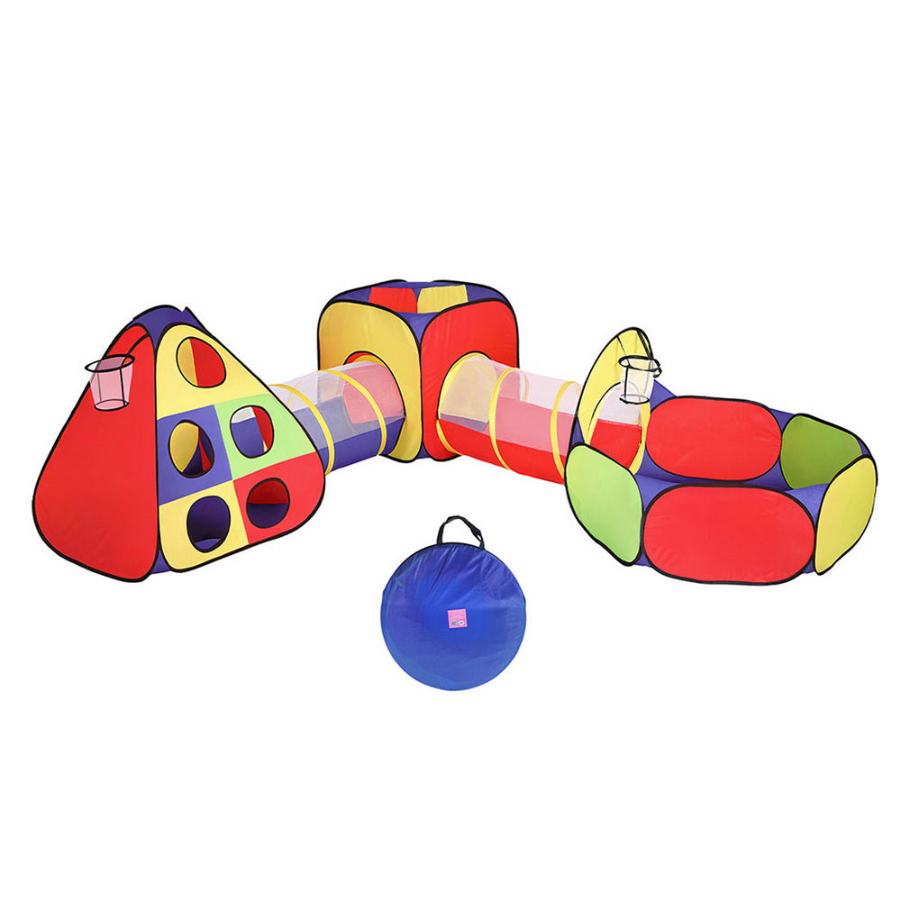 Keezi Kids Play Tent Pop Up Teepee Playhouse Ball Pit Crawl Tunnel Basketball Hoop-1