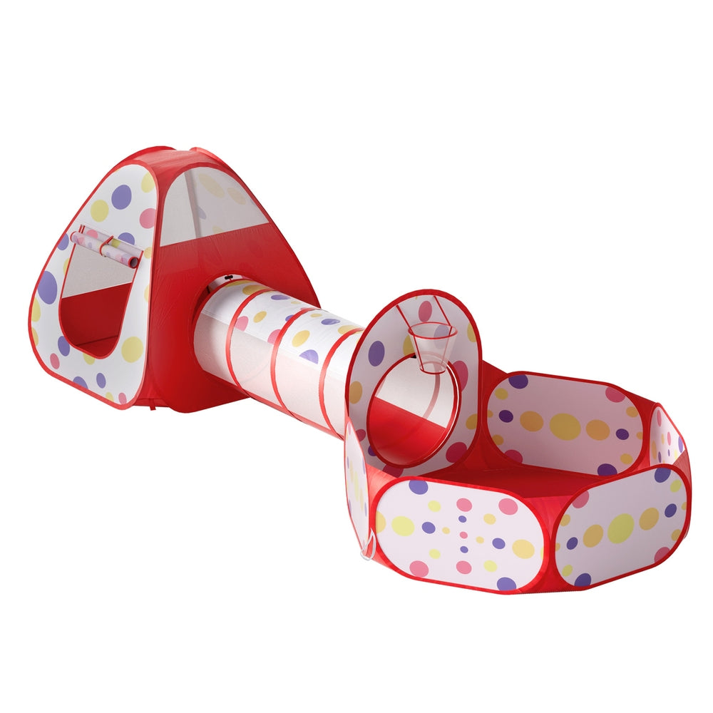Keezi Kids Playhouse Play Tent Pop Up Teepee Ball Pit Tunnel Basketball Hoop Red-0