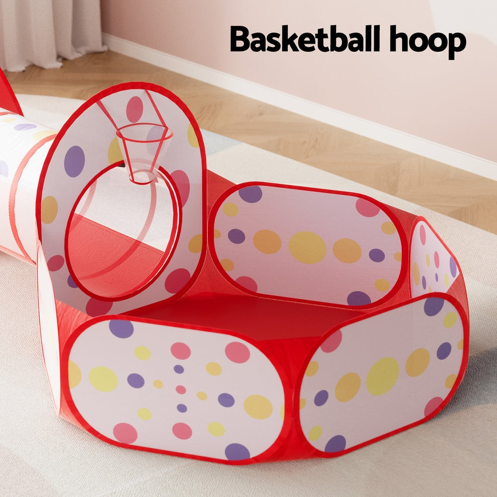Keezi Kids Playhouse Play Tent Pop Up Teepee Ball Pit Tunnel Basketball Hoop Red-4