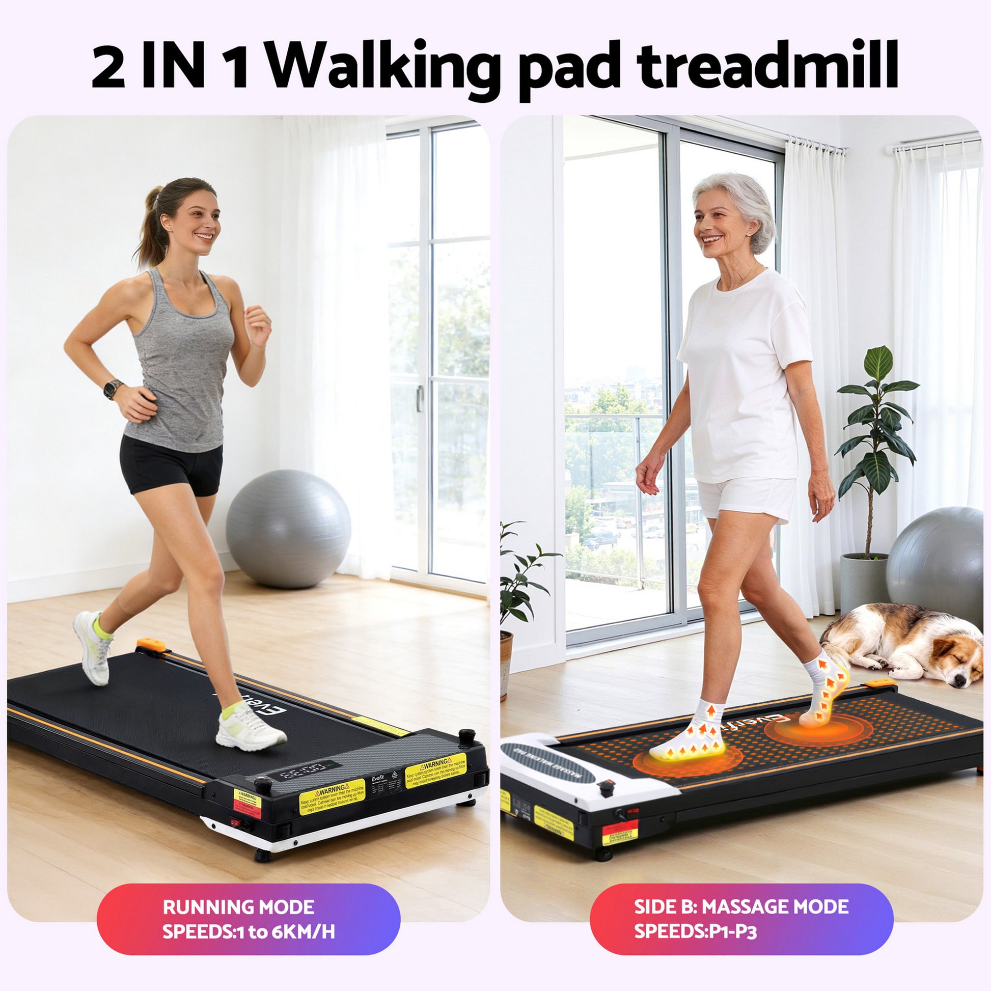 Everfit 2 Side Walking Pad Treadmill with Massage Function Fitness 380mm Black-3