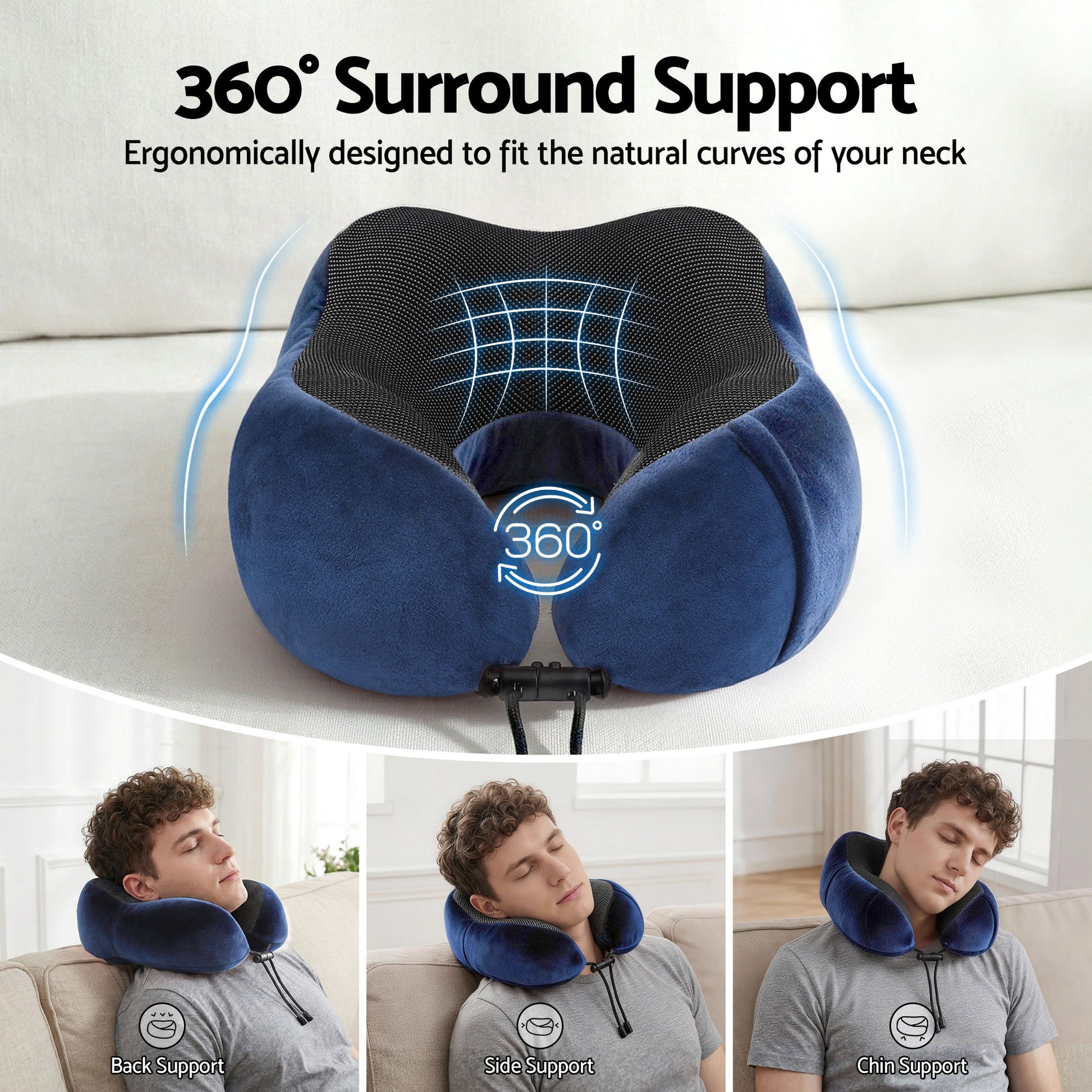 Wanderlite Travel Pillow for Airplanes Memory Foam Neck Pillows for Traveling, Soft & Washable Cover with Storage Bag, Portable Plane Accessories for Airplanes Offices Cars, Blue-3