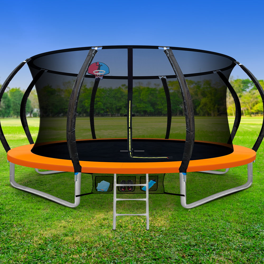 14ft Trampoline Everfit Kids Trampoline Rebounder w/ Ladder Basketball Hoop Orange-0