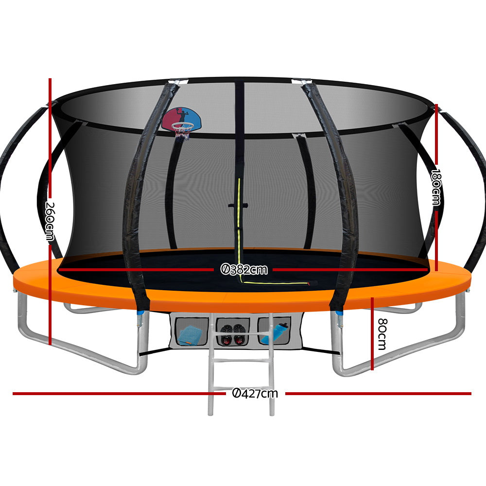 14ft Trampoline Everfit Kids Trampoline Rebounder w/ Ladder Basketball Hoop Orange-1