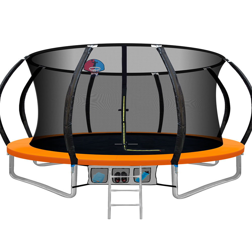 14ft Trampoline Everfit Kids Trampoline Rebounder w/ Ladder Basketball Hoop Orange-6