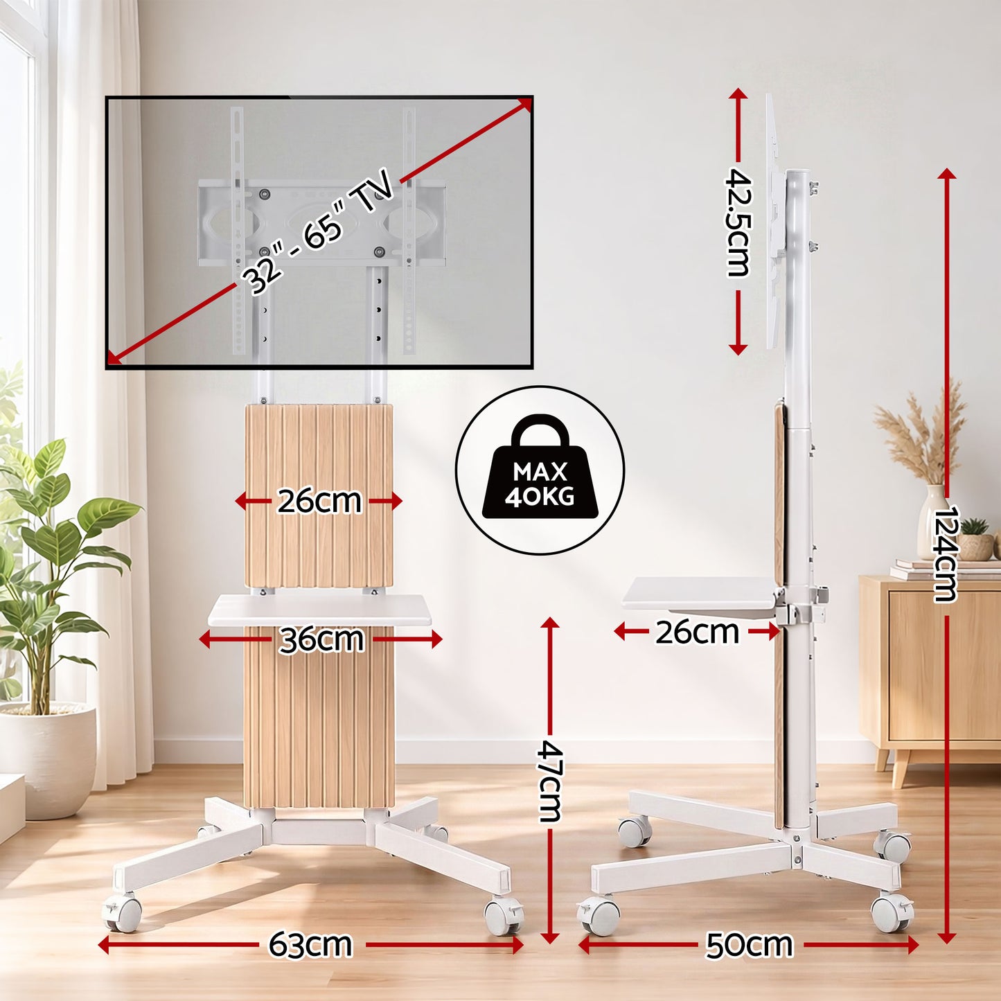 Artiss Mobile TV Floor Stand for 32-65" Mount Bracket Universal Adjustable Height with Wheels