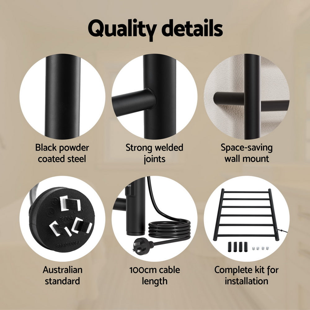 Devanti Heated Towel Rail 6 Round Bars  with Timer Electric Heater Warmer Rack-5