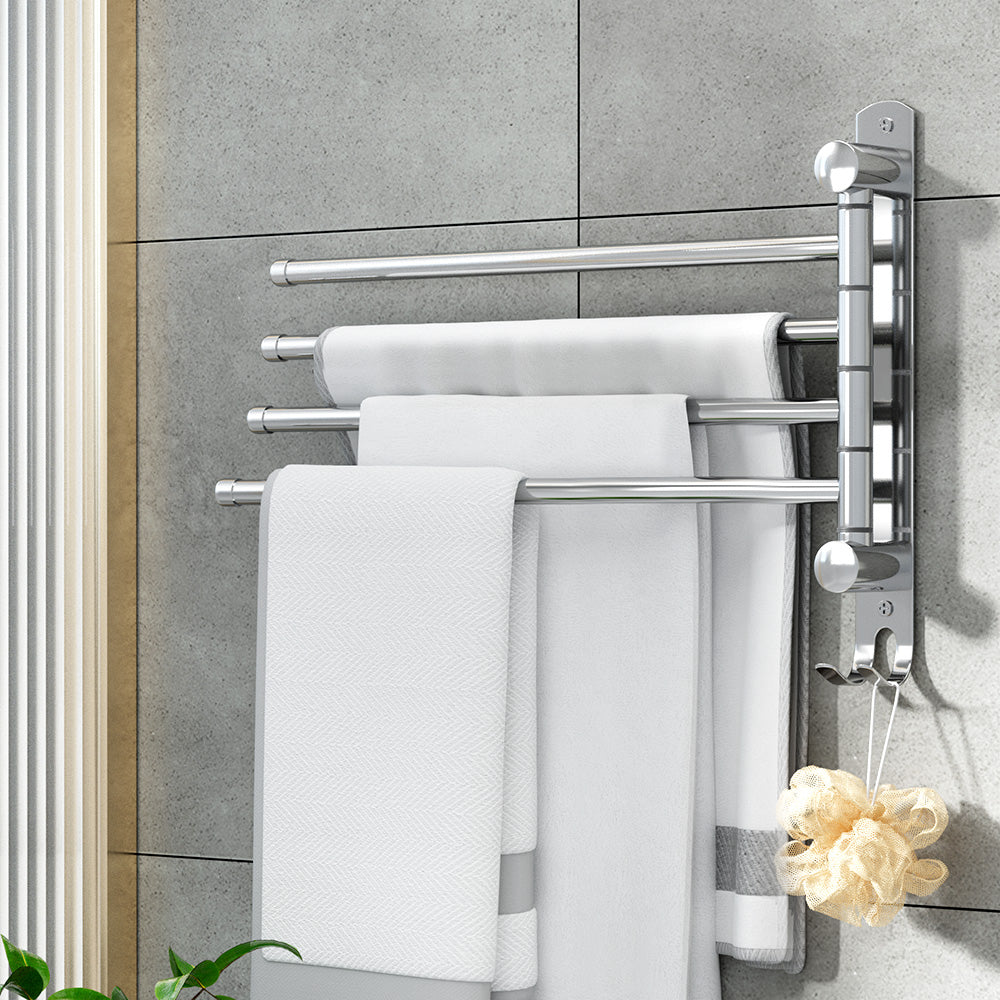 Towel Rail Rack Holder 4 Bars Wall Mounted Stainless Steel Swivel Hanging Hook-6