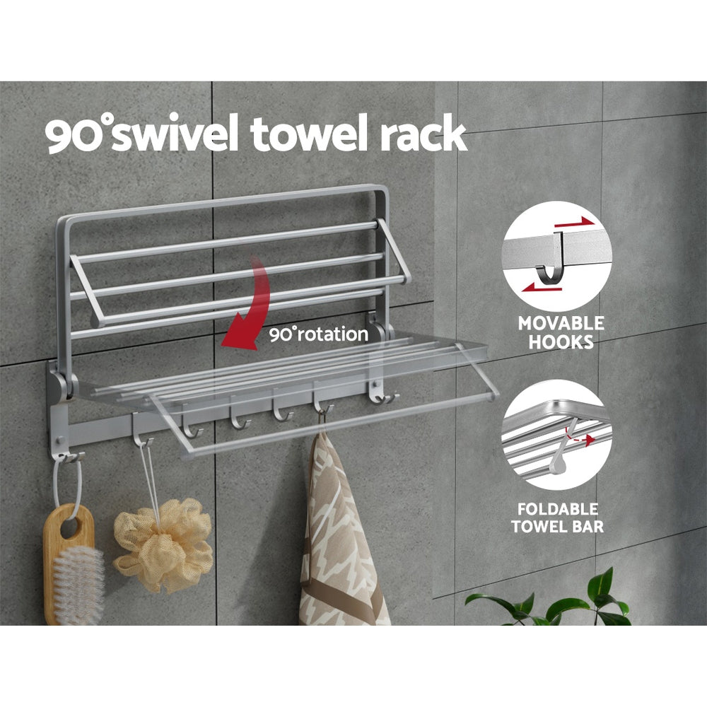 Towel Rail Rack Holder 4 Bars Wall Mounted Aluminium Foldable Hanging Hook-4