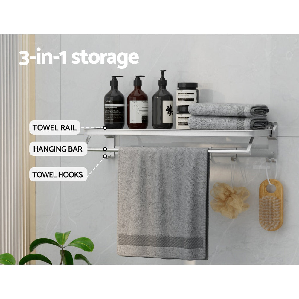 Towel Rail Rack Holder 4 Bars Wall Mounted Aluminium Foldable Hanging Hook-5