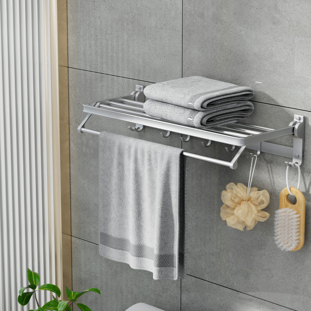 Towel Rail Rack Holder 4 Bars Wall Mounted Aluminium Foldable Hanging Hook-6