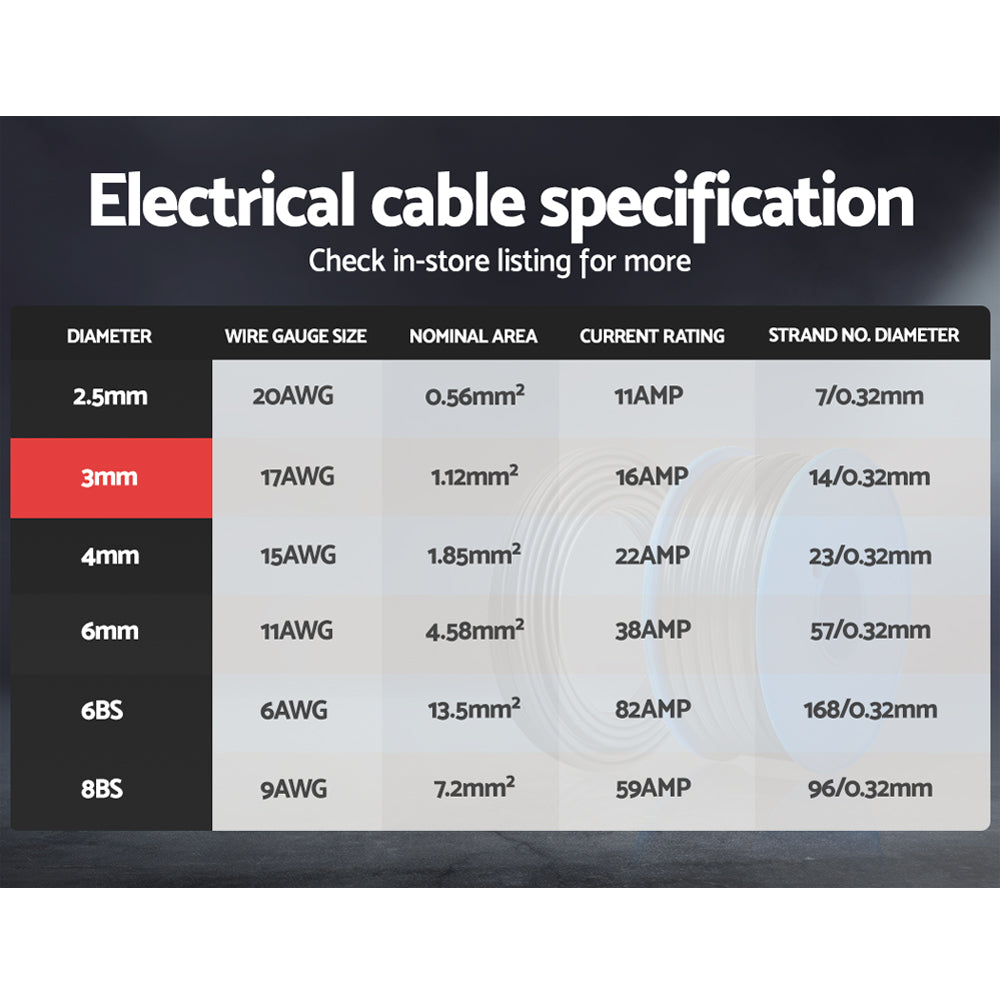 Giantz 3MM 100M Twin Core Wire Electrical Cable Extension Car 450V 2 Sheath-3