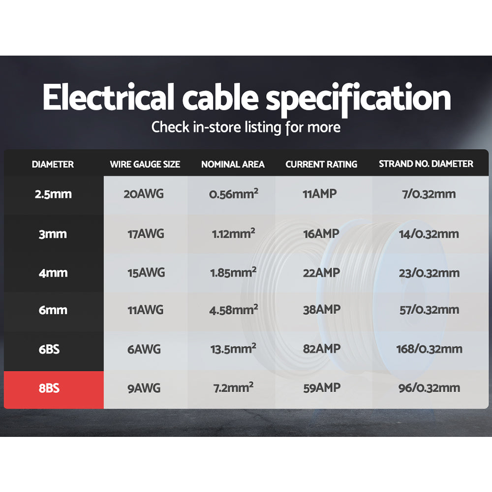 Giantz 8B&S 10M Twin Core Wire Electrical Cable Extension Car 450V 2 Sheath-3