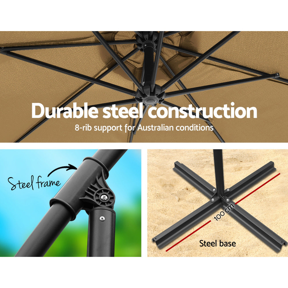 Instahut 3m Outdoor Umbrella w/Base Cantilever Beach Garden Patio Beige-2