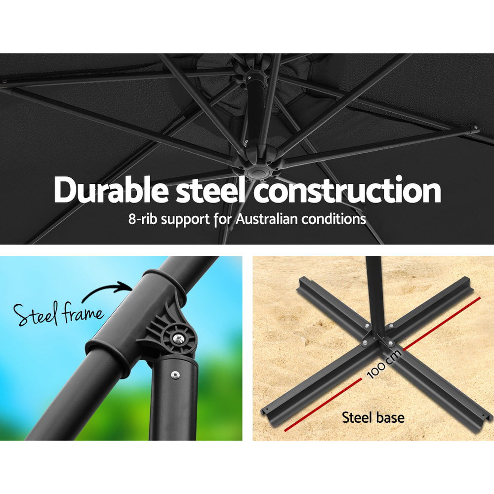 Instahut 3m Outdoor Umbrella w/Base Cantilever Beach Garden Patio Black-3