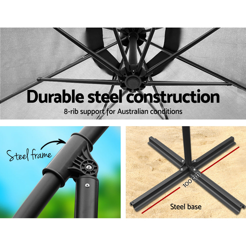 Instahut 3m Outdoor Umbrella w/Base Cantilever Beach Garden Patio Grey-3