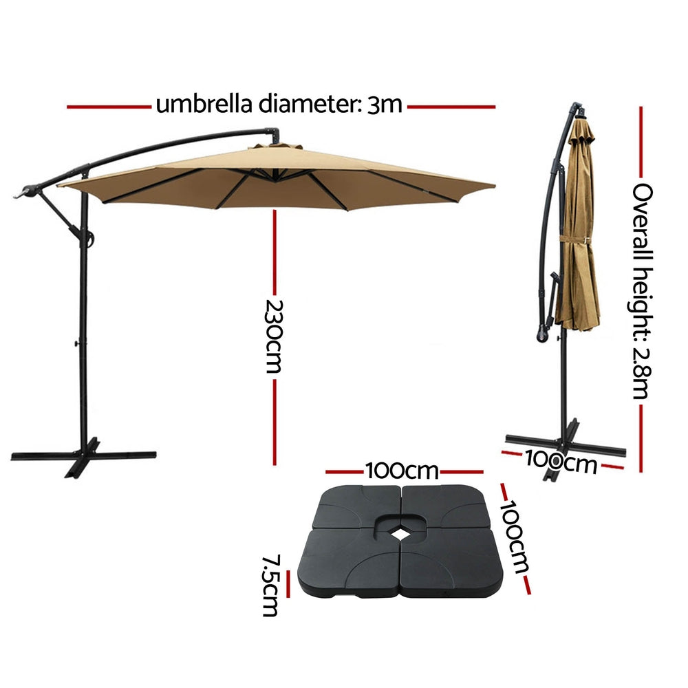 Instahut 3m Umbrella w/Base Outdoor Cantilever Beach Garden Patio Parasol Beige-2