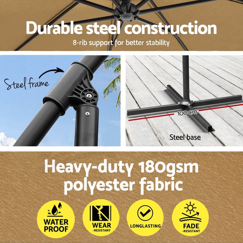 Instahut 3m Umbrella w/Base Outdoor Cantilever Beach Garden Patio Parasol Beige-4