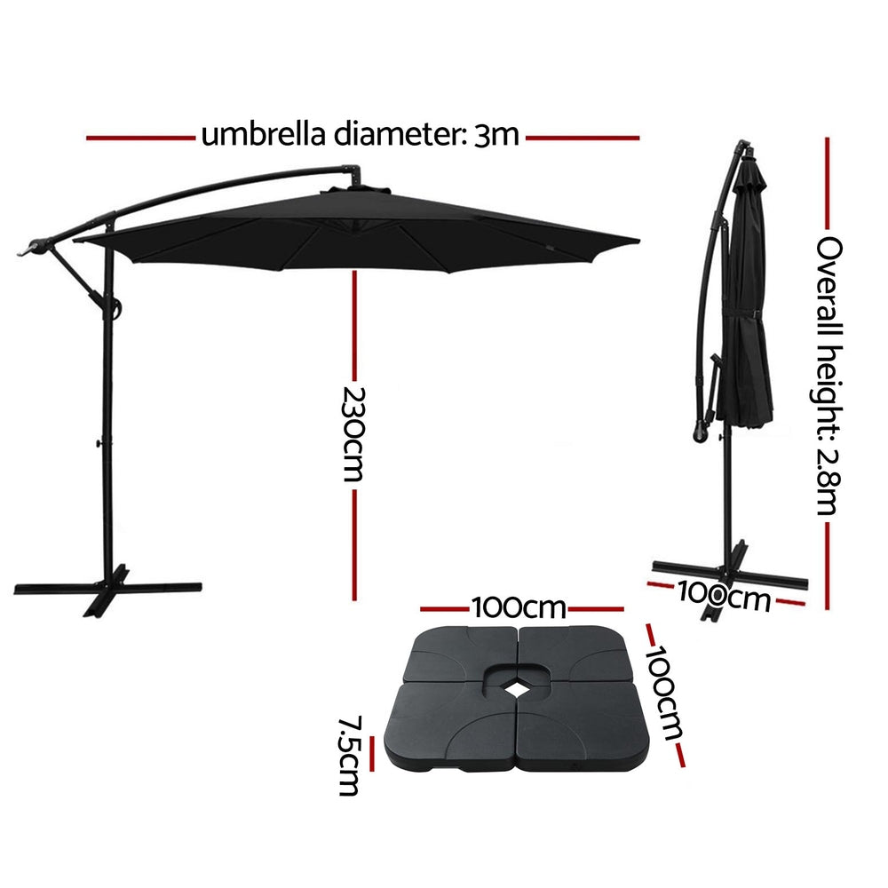 Instahut 3m Umbrella w/Base Outdoor Cantilever Beach Garden Patio Parasol Black-2