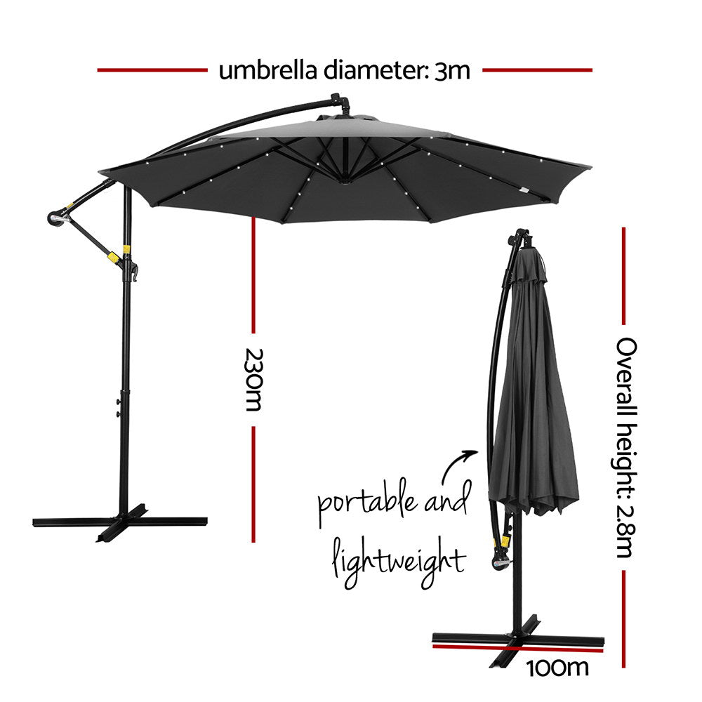 Instahut Outdoor Umbrella 3M Cantilever Beach LED Garden Shade Patio Charcoal-1