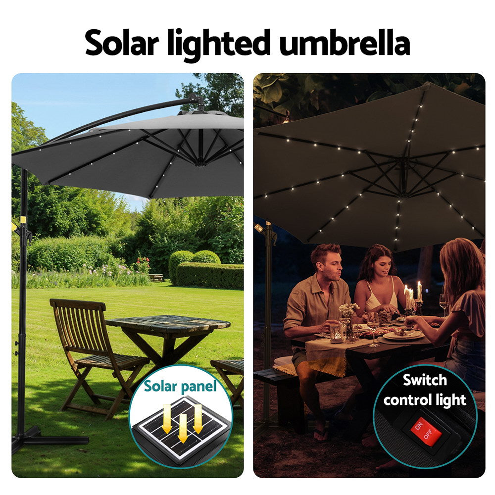 Instahut Outdoor Umbrella 3M Cantilever Beach LED Garden Shade Patio Charcoal-3