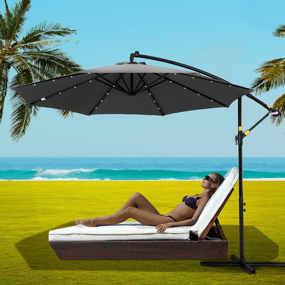 Instahut Outdoor Umbrella 3M Cantilever Beach LED Garden Shade Patio Charcoal-6