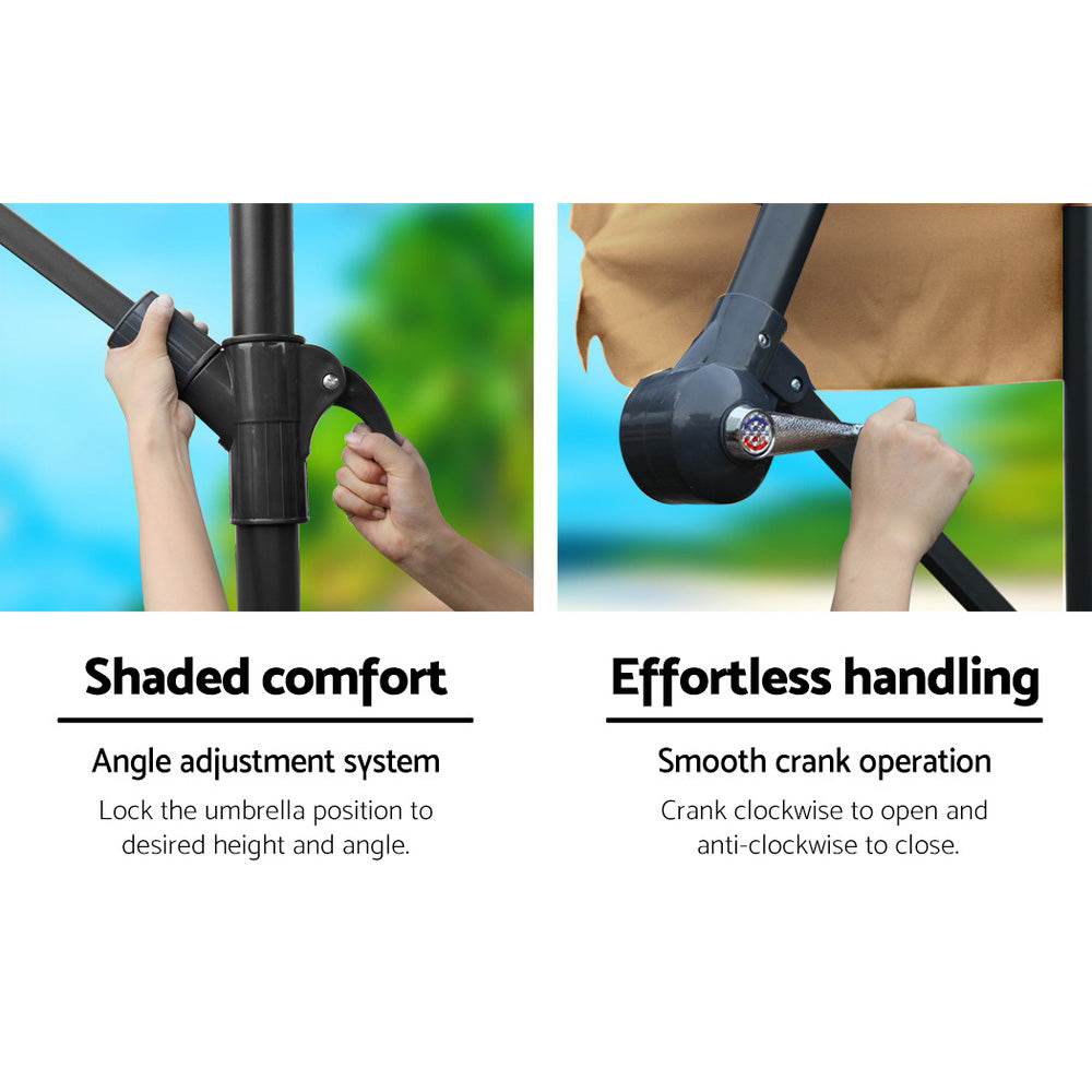 Instahut 3m Outdoor Umbrella w/Base Cantilever Garden Patio Beach Beige-4