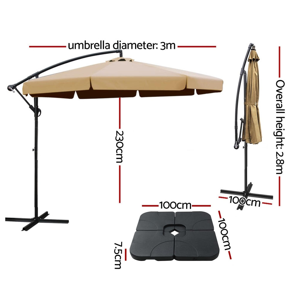 Instahut 3m Outdoor Umbrella w/Base Cantilever Garden Beach Patio Beige-2