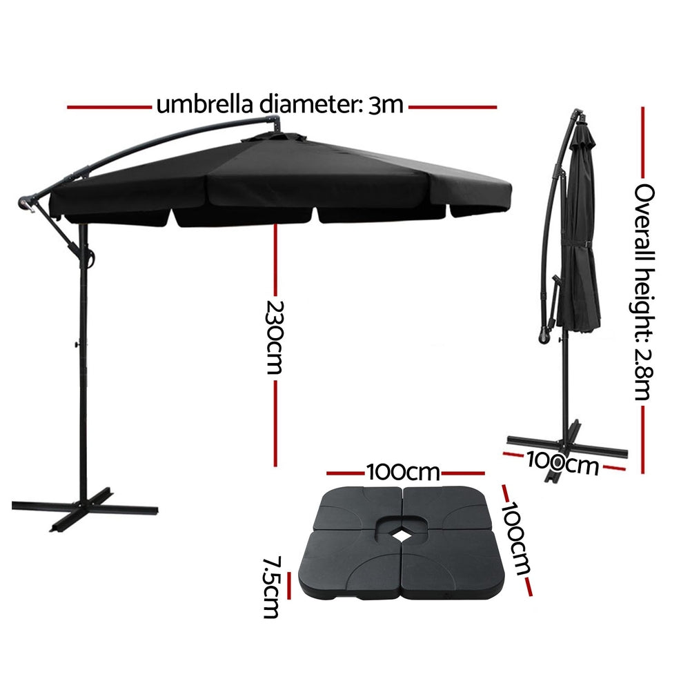 Instahut 3m Outdoor Umbrella w/Base Cantilever Garden Beach Patio Black-2