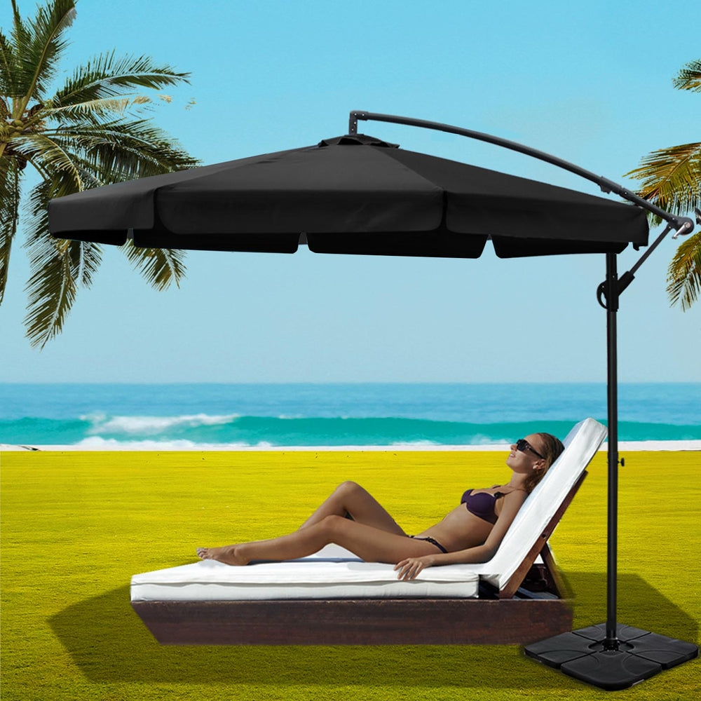 Instahut 3m Outdoor Umbrella w/Base Cantilever Garden Beach Patio Black-6