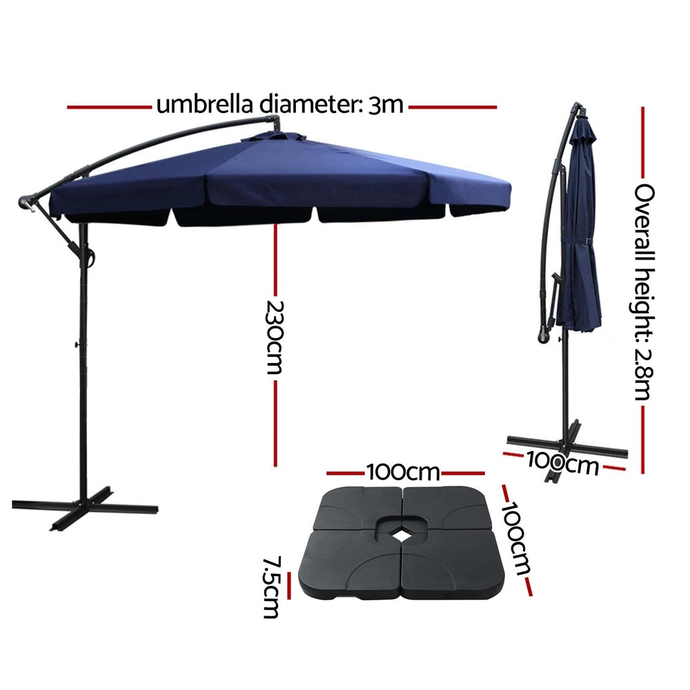 Instahut 3m Outdoor Umbrella w/Base Cantilever Garden Beach Patio Navy-2