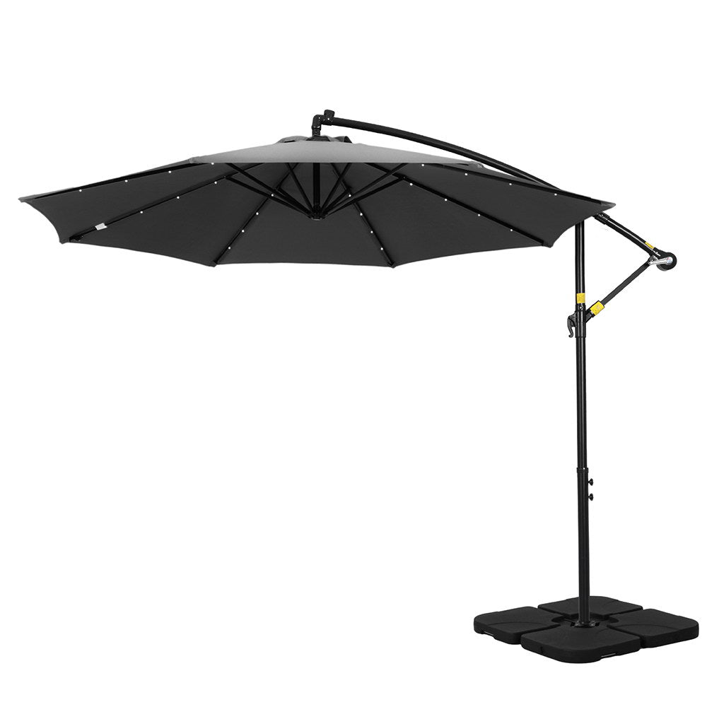 Instahut Outdoor Umbrella 3M Cantilever Beach LED Base Garden Sun Patio Charcoal-0
