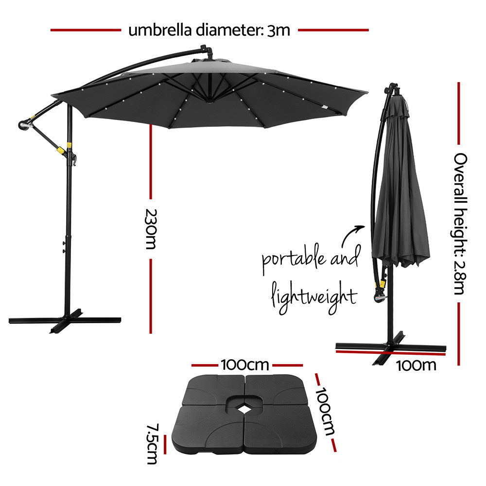 Instahut Outdoor Umbrella 3M Cantilever Beach LED Base Garden Sun Patio Charcoal-1
