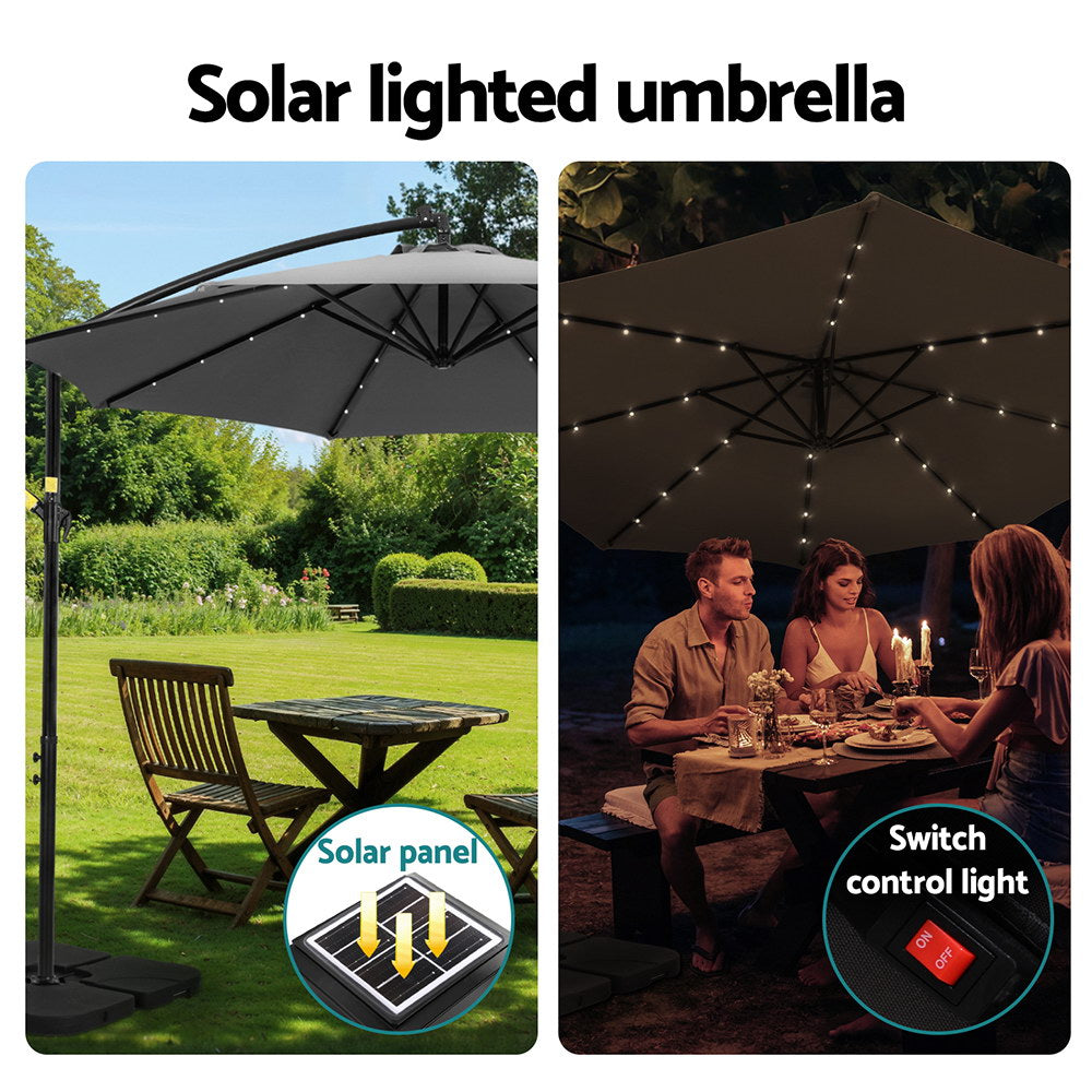 Instahut Outdoor Umbrella 3M Cantilever Beach LED Base Garden Sun Patio Charcoal-3