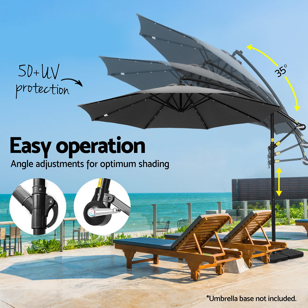 Instahut Outdoor Umbrella 3M Cantilever Beach LED Base Garden Sun Patio Charcoal-4