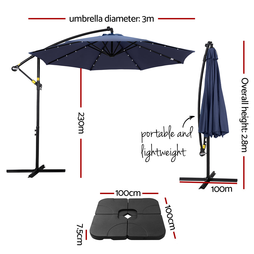 Instahut Outdoor Umbrella 3M Cantilever Beach LED w/Base Garden Shade Patio Navy-1