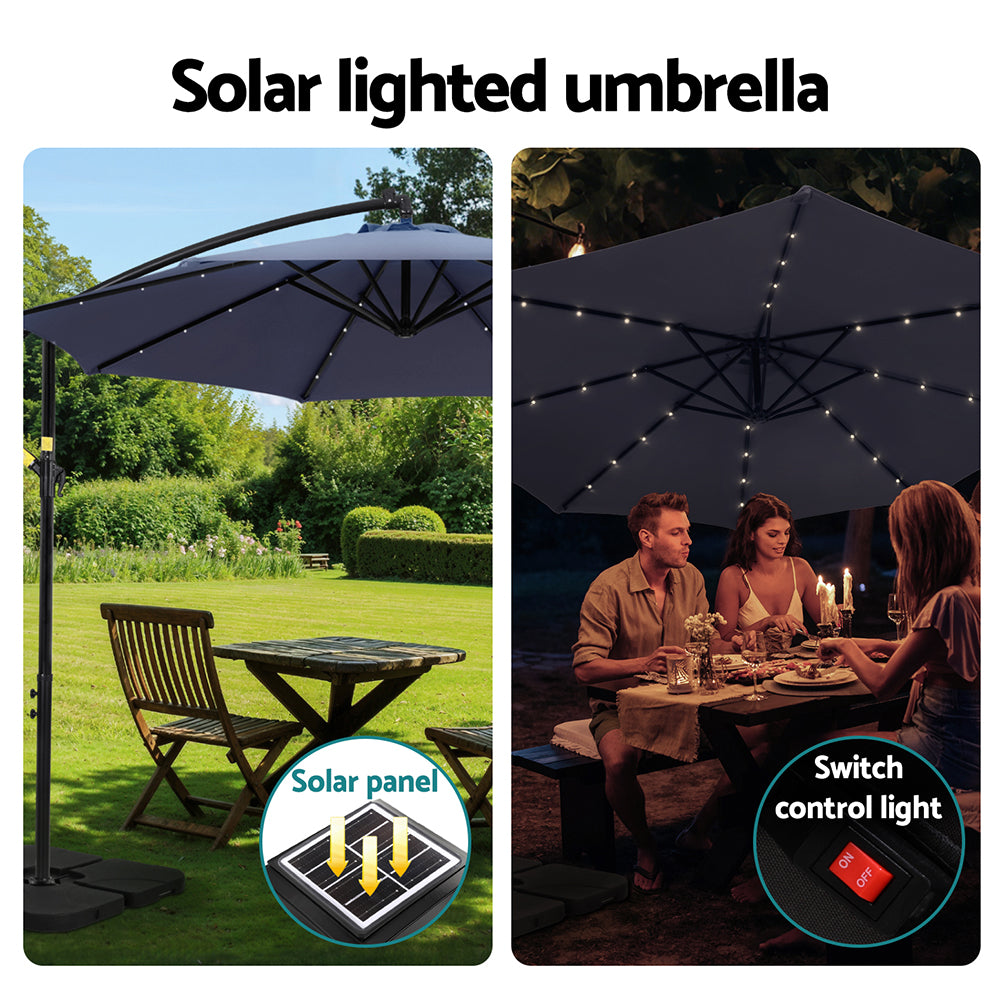 Instahut Outdoor Umbrella 3M Cantilever Beach LED w/Base Garden Shade Patio Navy-3