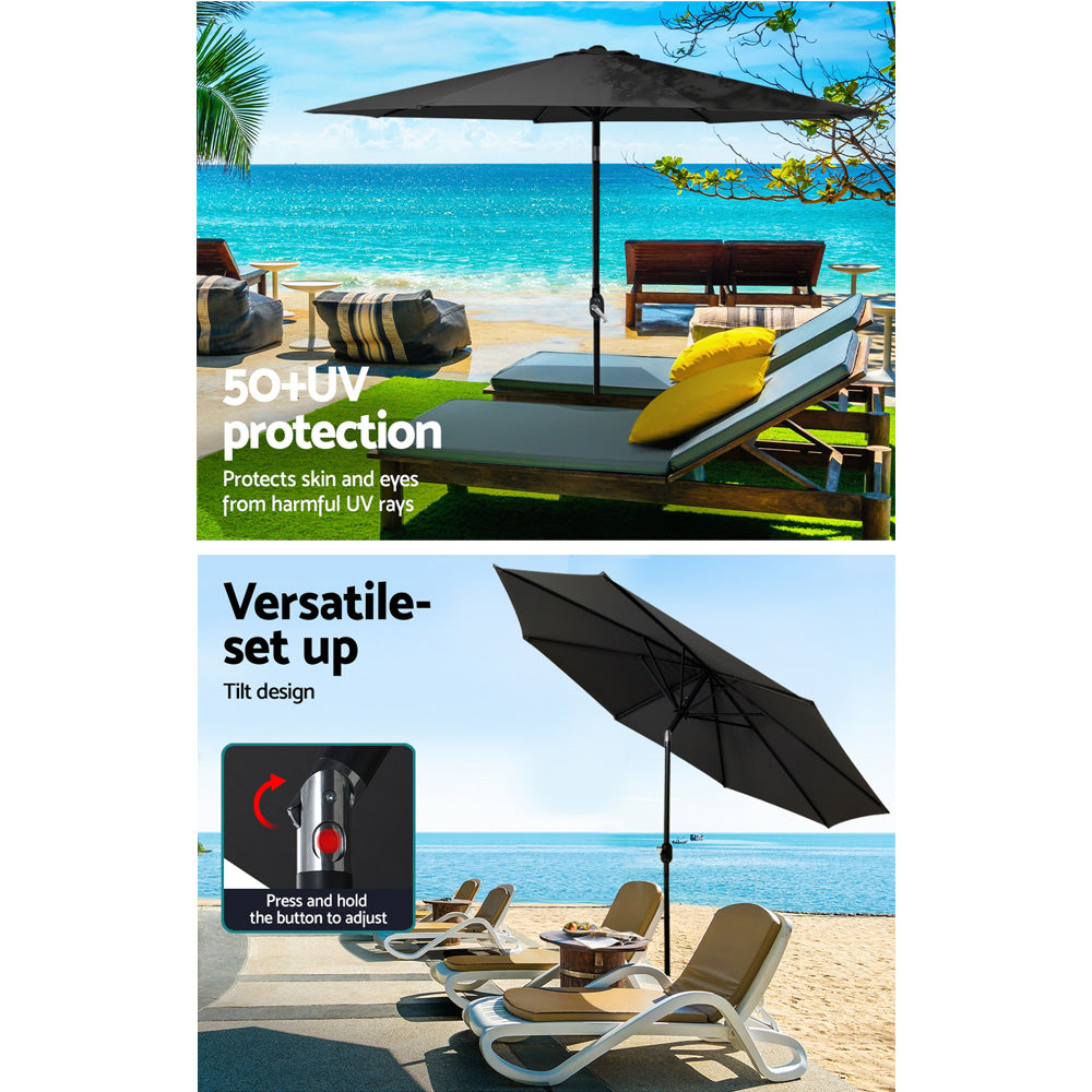 Instahut Outdoor Umbrella 2.7m Base Beach Pole Garden Tilt Sun Patio UV Black-4