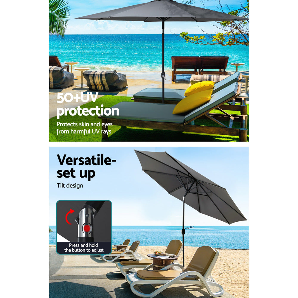 Instahut Outdoor Umbrella 3m Base Beach Pole Garden Tilt Sun Patio UV Charcoal-4