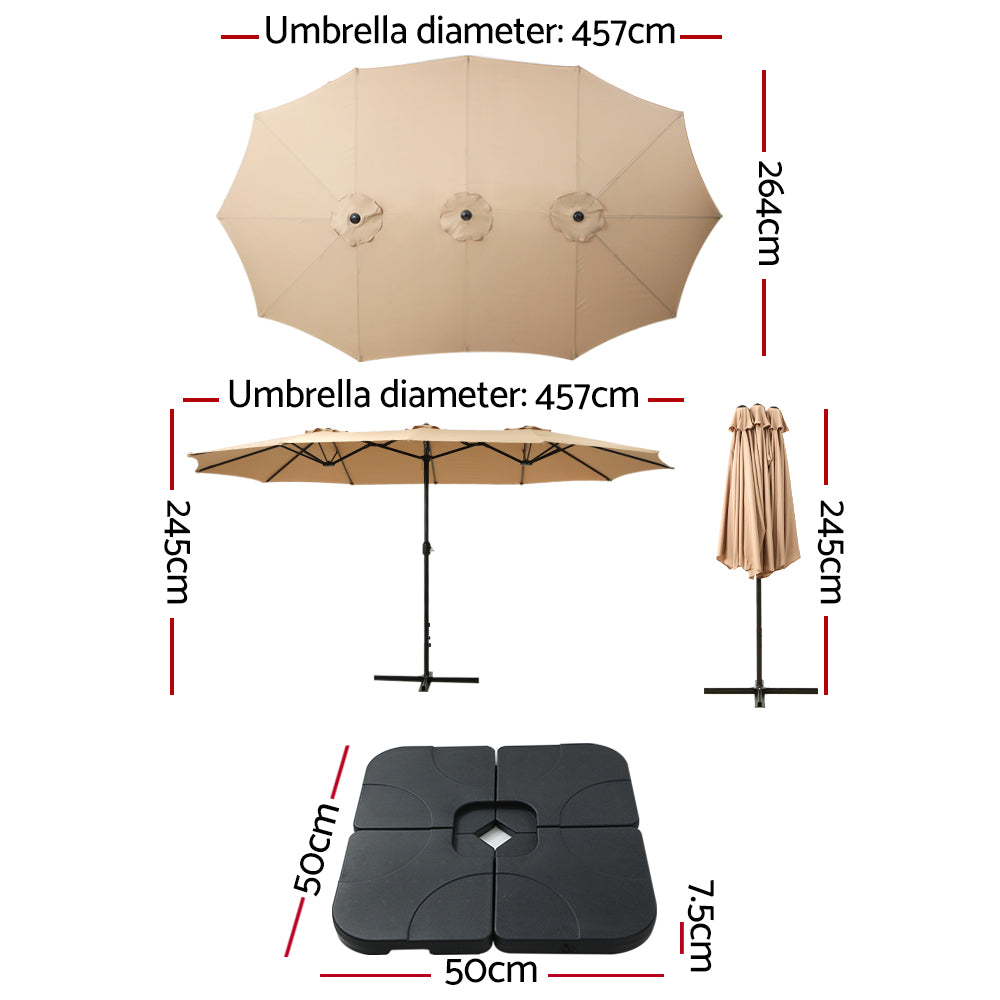 Instahut 4.57m Outdoor Umbrella w/Base Stand Beach Pole Garden Tilt Beige-1