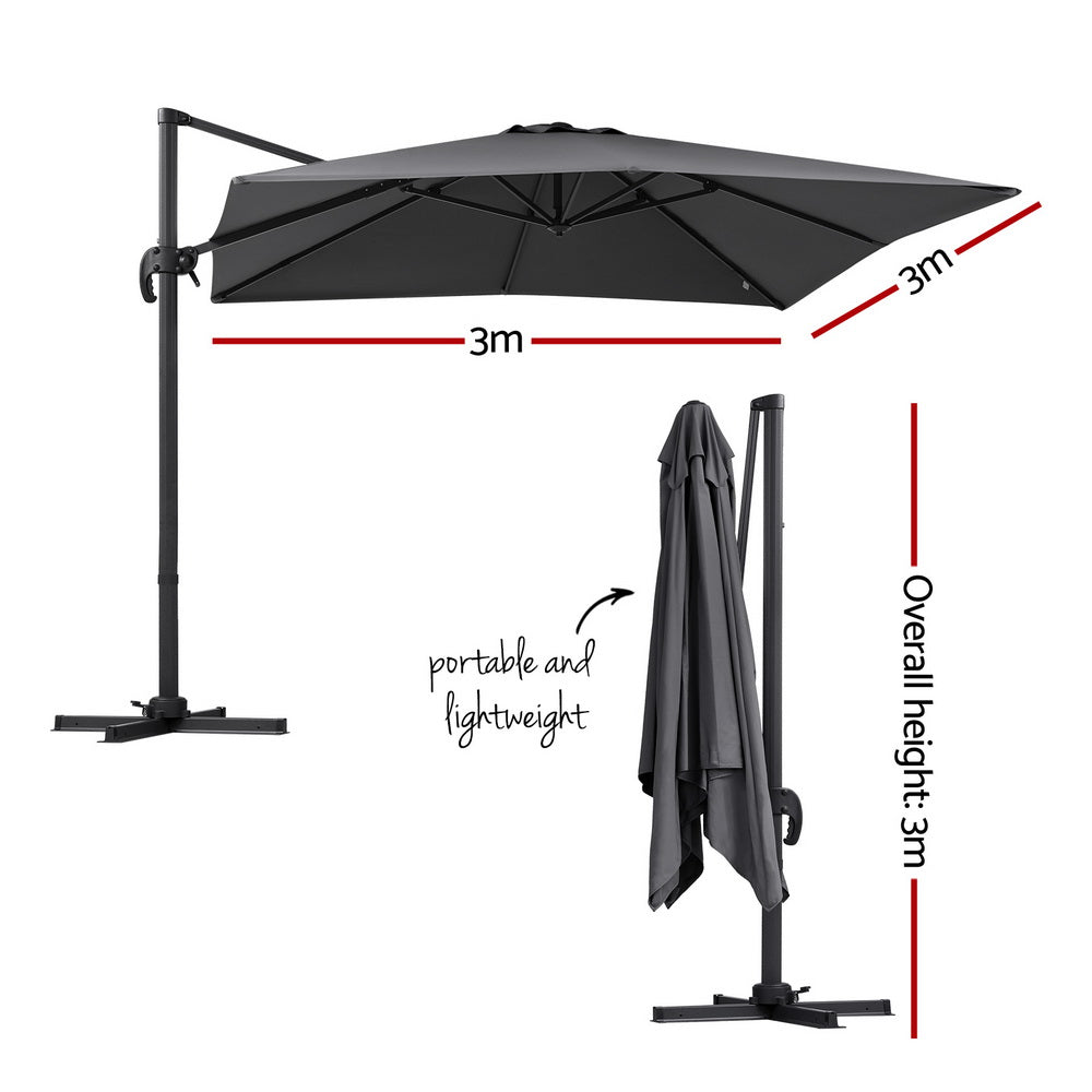 Instahut Outdoor Umbrella 3m Umbrellas Cantilever Stand Sun Roma 360 Degree Charcoal-1