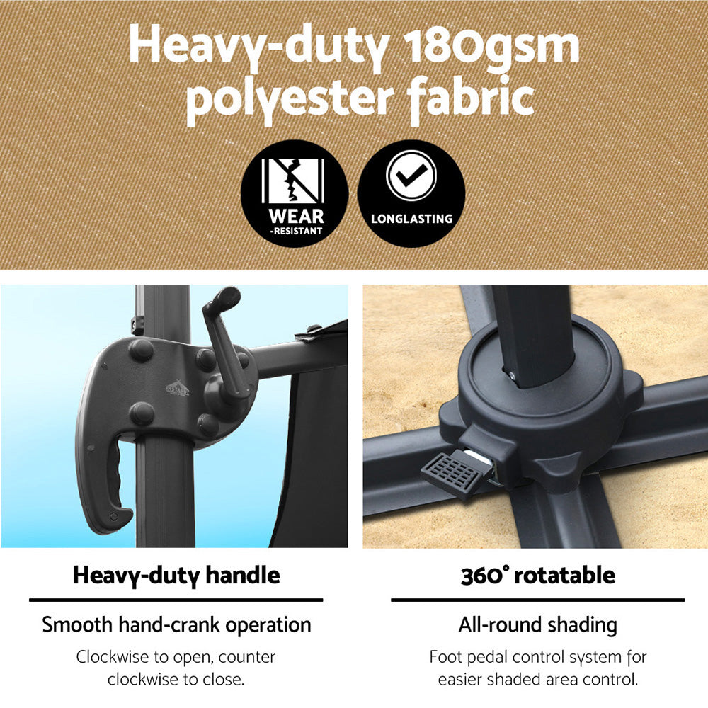 Instahut 3m Outdoor Umbrella Cantilever 360 Degree Tilt Beach Roma Beige-4