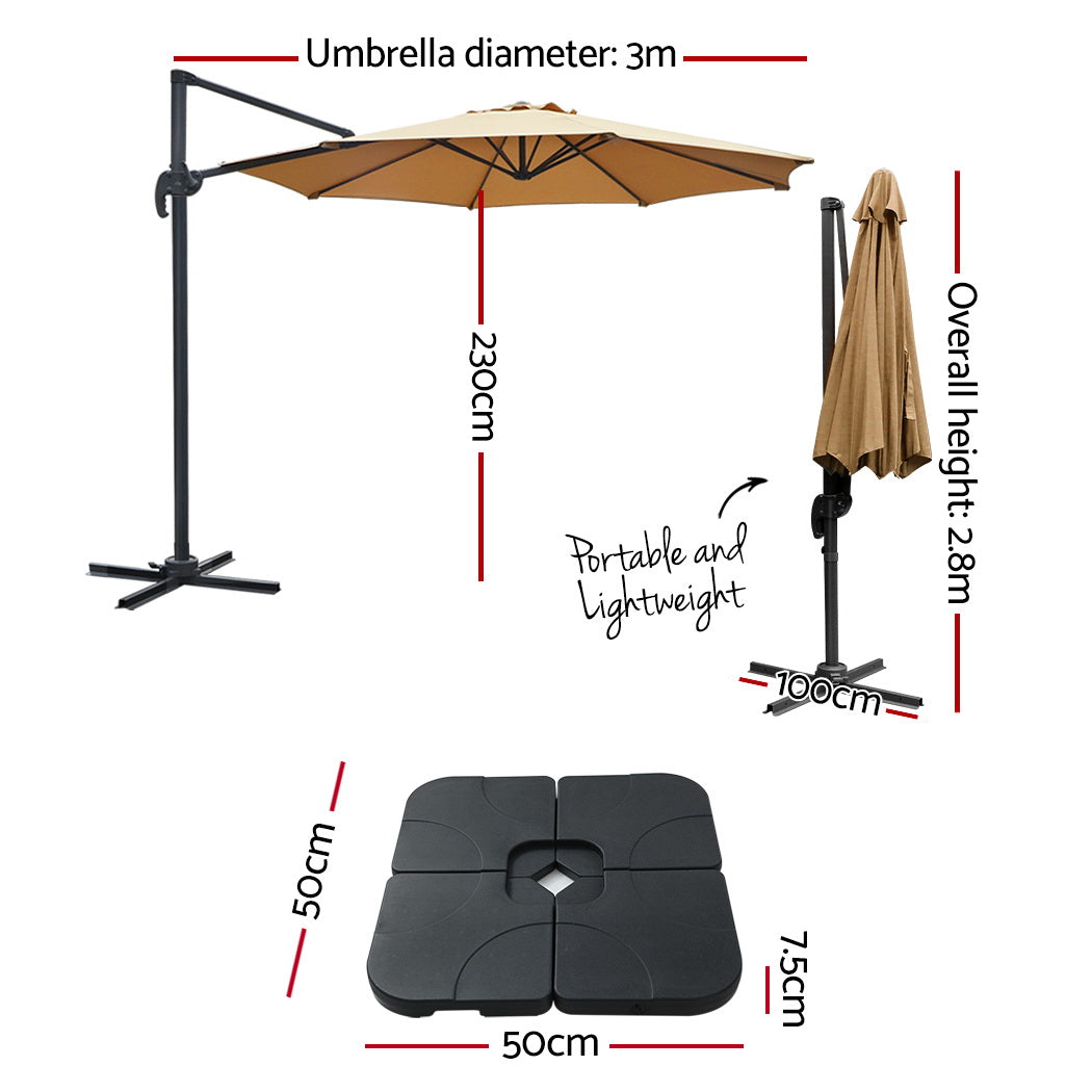Instahut 3m Outdoor Umbrella w/Base Cantilever Beach Roma 360 Degree Tilt Beige-1