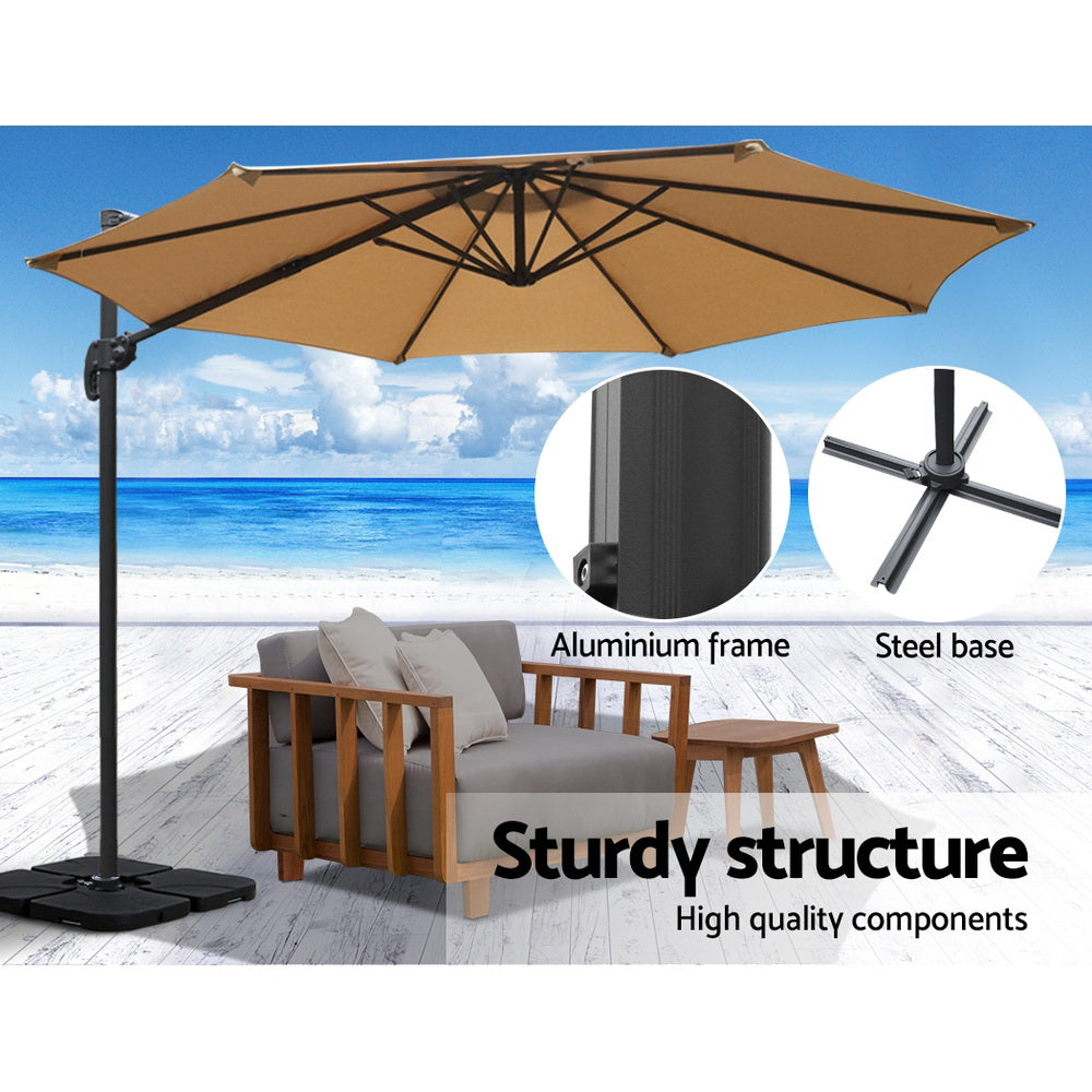 Instahut 3m Outdoor Umbrella w/Base Cantilever Beach Roma 360 Degree Tilt Beige-5