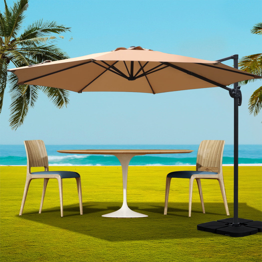 Instahut 3m Outdoor Umbrella w/Base Cantilever Beach Roma 360 Degree Tilt Beige-7