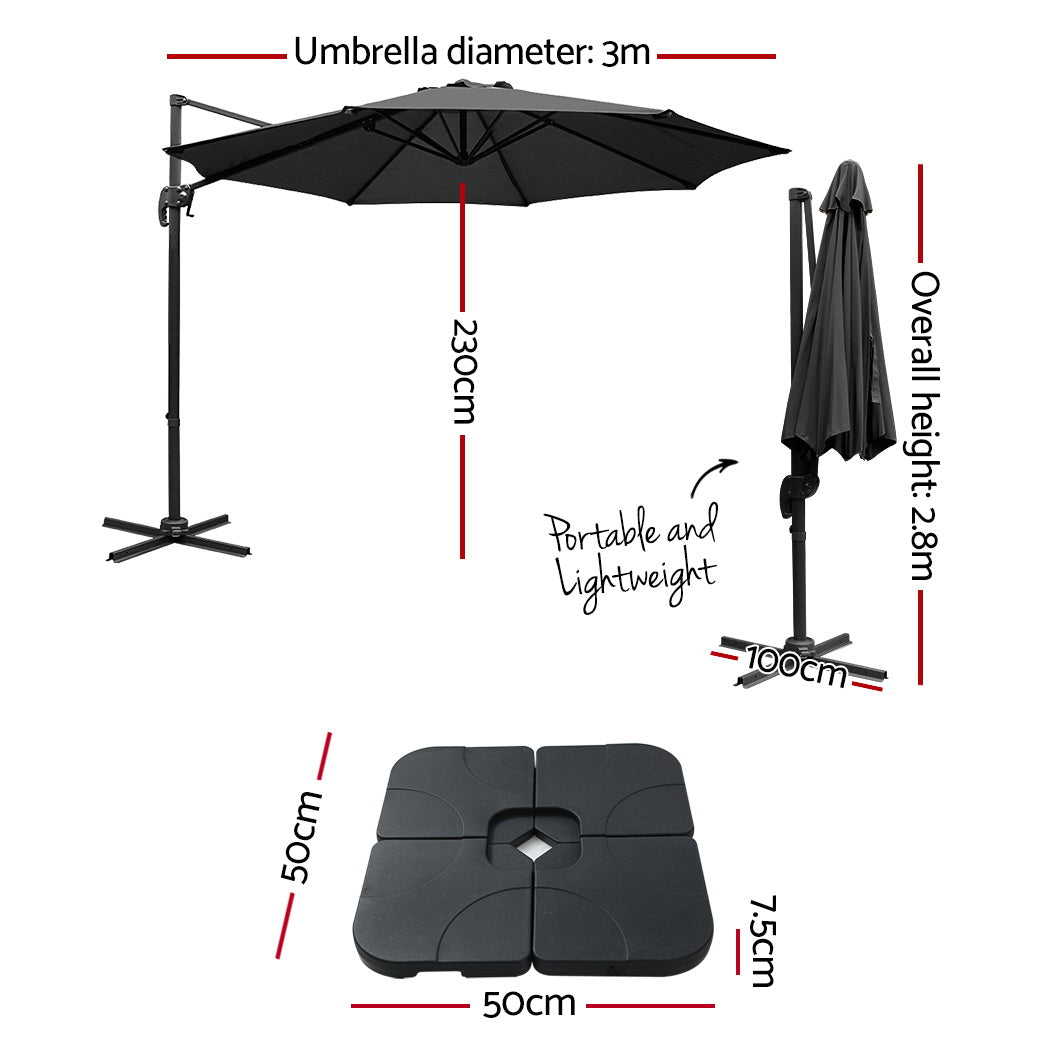 Instahut 3m Outdoor Umbrella w/Base Cantilever Beach Roma 360 Degree Tilt Black-1
