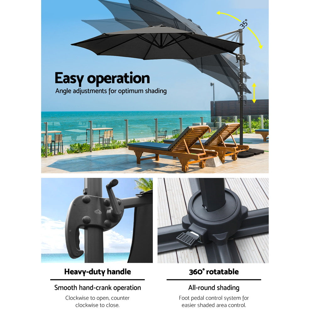 Instahut 3m Outdoor Umbrella w/Base Cantilever Beach Roma 360 Degree Tilt Black-4