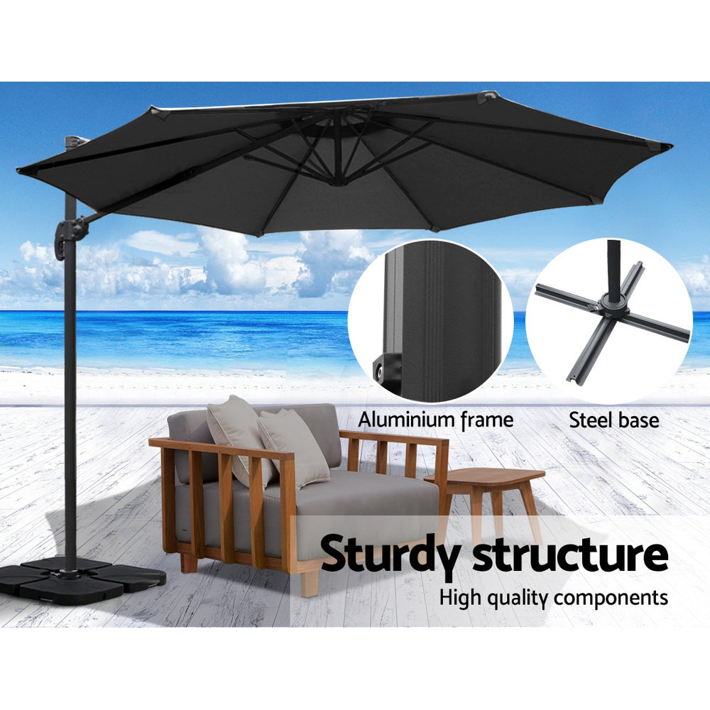 Instahut 3m Outdoor Umbrella w/Base Cantilever Beach Roma 360 Degree Tilt Black-5