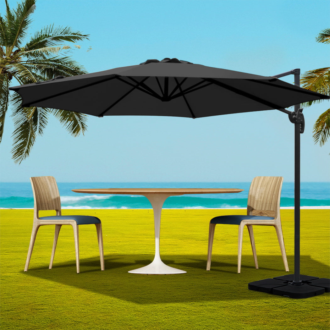 Instahut 3m Outdoor Umbrella w/Base Cantilever Beach Roma 360 Degree Tilt Black-7